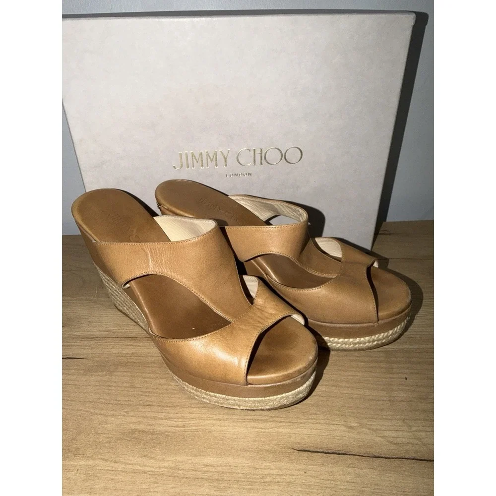 Jimmy Choo Beige Tan Nude Vachette Leather Espadrille Platform Pledge Sandals 37